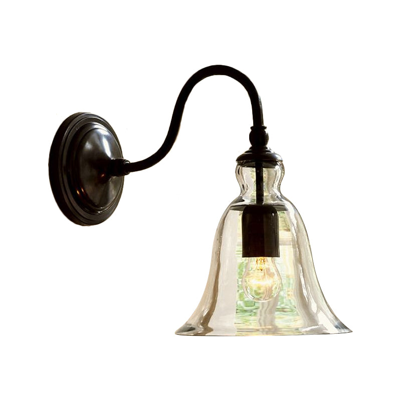 Vintage Gooseneck Wall Mount Light Single-Bulb Clear Flared Glass Wall Lighting in Black Clearhalo 'Cast Iron' 'Glass' 'Industrial wall lights' 'Industrial' 'Middle century wall lights' 'Modern' 'Tiffany' 'Traditional wall lights' 'Wall Lamps & Sconces' 'Wall Lights' Lighting' 1917561