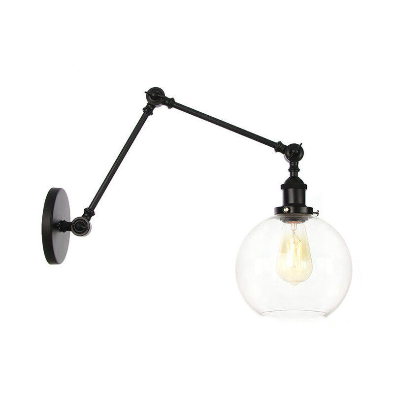 Swing Arm Dorm Room Task Wall Lamp Loft Iron Single Black/Black-Gold Wall Lighting with Ball/Bell Clear Glass Shade Black B Clearhalo 'Art deco wall lights' 'Cast Iron' 'Glass' 'Industrial wall lights' 'Industrial' 'Middle century wall lights' 'Modern' 'Rustic wall lights' 'Tiffany' 'Traditional wall lights' 'Wall Lamps & Sconces' 'Wall Lights' Lighting' 1917665