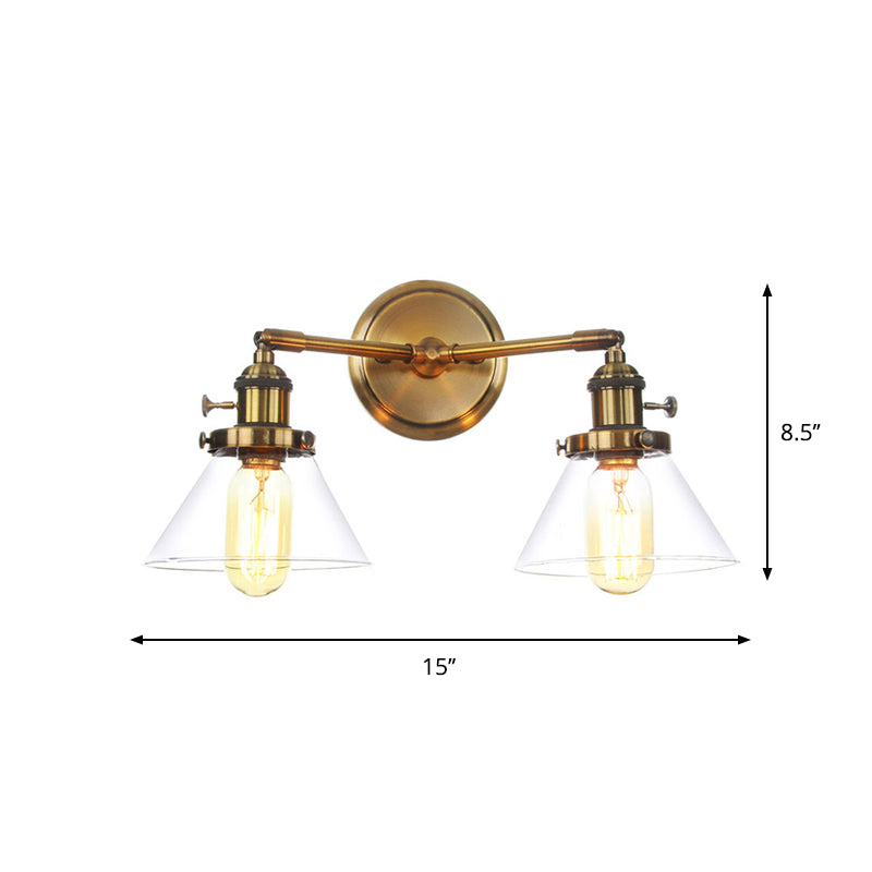 Metal Antiqued Brass Wall Lighting Conical/Spherical 2-Light Warehouse Wall Mounted Lamp with Straight/Curved Arm Brass G Clearhalo 'Art deco wall lights' 'Cast Iron' 'Glass' 'Industrial wall lights' 'Industrial' 'Middle century wall lights' 'Modern' 'Rustic wall lights' 'Tiffany' 'Traditional wall lights' 'Wall Lamps & Sconces' 'Wall Lights' Lighting' 1917713