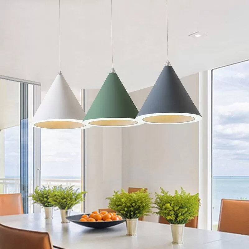 Macaron Cone LED Pendulum Light Aluminum Dining Table Ceiling Pendant Lamp in Grey/White/Pink Clearhalo 'Ceiling Lights' 'Pendant Lights' 'Pendants' Lighting' 1917812