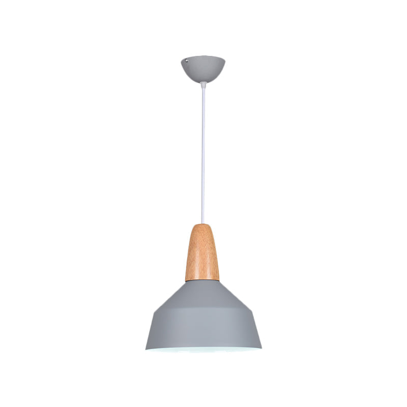 Barn Dining Room Pendant Lighting Aluminum 1 Bulb Macaron Ceiling Hang Lamp in Green/Grey/Pink with Wood Grip Clearhalo 'Ceiling Lights' 'Pendant Lights' 'Pendants' Lighting' 1917846