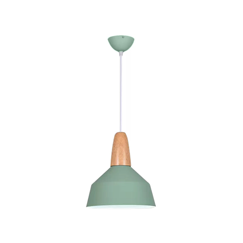 Barn Dining Room Pendant Lighting Aluminum 1 Bulb Macaron Ceiling Hang Lamp in Green/Grey/Pink with Wood Grip Clearhalo 'Ceiling Lights' 'Pendant Lights' 'Pendants' Lighting' 1917848