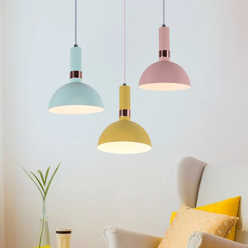 Pink/Yellow/Blue Hemispherical Pendant Macaron 1 Head Metal Suspended Lighting Fixture with Handle Clearhalo 'Ceiling Lights' 'Pendant Lights' 'Pendants' Lighting' 1917857