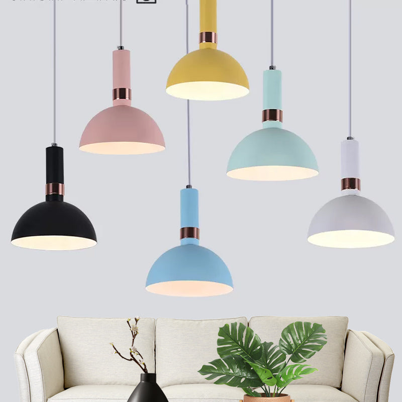 Pink/Yellow/Blue Hemispherical Pendant Macaron 1 Head Metal Suspended Lighting Fixture with Handle Clearhalo 'Ceiling Lights' 'Pendant Lights' 'Pendants' Lighting' 1917858