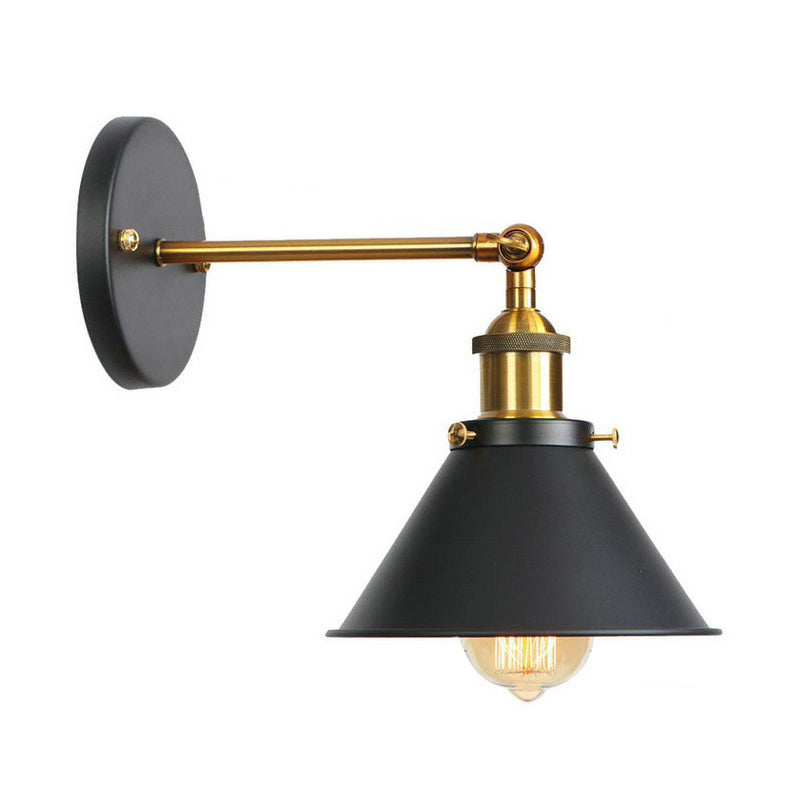 1-Light Wall Mount Light Industrial Metal Horn/Saucer/Open Bulb Design Rotatable Wall Lamp in Black with Brass Linear Arm Black E Clearhalo 'Art deco wall lights' 'Cast Iron' 'Glass' 'Industrial wall lights' 'Industrial' 'Middle century wall lights' 'Modern' 'Rustic wall lights' 'Tiffany' 'Traditional wall lights' 'Wall Lamps & Sconces' 'Wall Lights' Lighting' 1917949