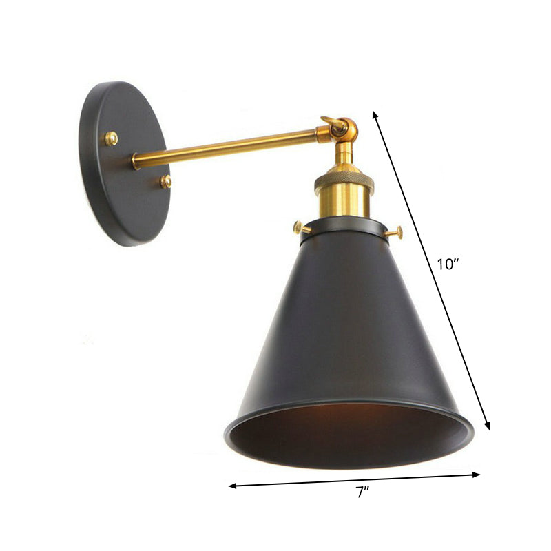 1-Light Wall Mount Light Industrial Metal Horn/Saucer/Open Bulb Design Rotatable Wall Lamp in Black with Brass Linear Arm Clearhalo 'Art deco wall lights' 'Cast Iron' 'Glass' 'Industrial wall lights' 'Industrial' 'Middle century wall lights' 'Modern' 'Rustic wall lights' 'Tiffany' 'Traditional wall lights' 'Wall Lamps & Sconces' 'Wall Lights' Lighting' 1917952