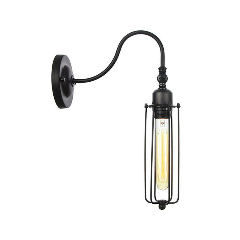 Iron Black Gooseneck Wall Lamp Tube/Ball/Diamond Cage Single Factory Wall Mounted Lighting Fixture Black A Clearhalo 'Art deco wall lights' 'Cast Iron' 'Glass' 'Industrial wall lights' 'Industrial' 'Middle century wall lights' 'Modern' 'Rustic wall lights' 'Tiffany' 'Traditional wall lights' 'Wall Lamps & Sconces' 'Wall Lights' Lighting' 1917953