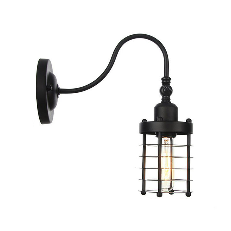 Iron Black Gooseneck Wall Lamp Tube/Ball/Diamond Cage Single Factory Wall Mounted Lighting Fixture Black B Clearhalo 'Art deco wall lights' 'Cast Iron' 'Glass' 'Industrial wall lights' 'Industrial' 'Middle century wall lights' 'Modern' 'Rustic wall lights' 'Tiffany' 'Traditional wall lights' 'Wall Lamps & Sconces' 'Wall Lights' Lighting' 1917955