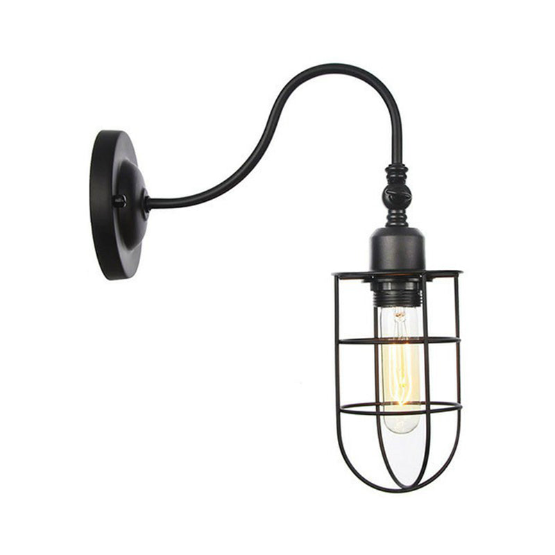 Iron Black Gooseneck Wall Lamp Tube/Ball/Diamond Cage Single Factory Wall Mounted Lighting Fixture Black G Clearhalo 'Art deco wall lights' 'Cast Iron' 'Glass' 'Industrial wall lights' 'Industrial' 'Middle century wall lights' 'Modern' 'Rustic wall lights' 'Tiffany' 'Traditional wall lights' 'Wall Lamps & Sconces' 'Wall Lights' Lighting' 1917965