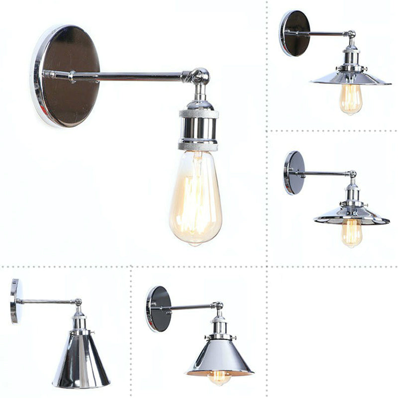 Chrome Finish 1-Light Wall Light Kit Industrial Iron Cone/Saucer/Shadeless Swivelable Reading Wall Lamp Chrome A Clearhalo 'Art deco wall lights' 'Cast Iron' 'Glass' 'Industrial wall lights' 'Industrial' 'Middle century wall lights' 'Modern' 'Rustic wall lights' 'Tiffany' 'Traditional wall lights' 'Wall Lamps & Sconces' 'Wall Lights' Lighting' 1918005