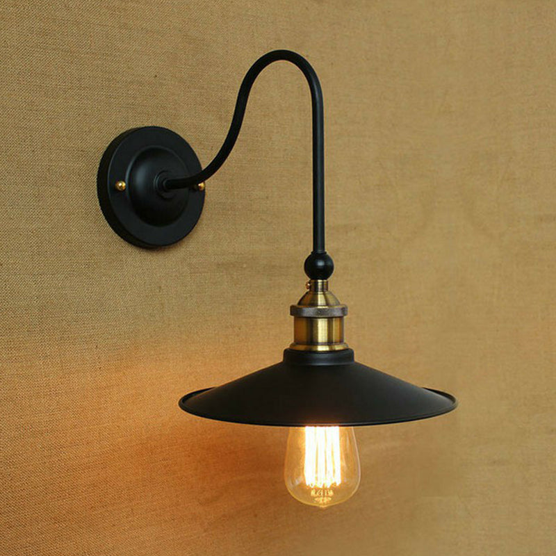 Swoop Arm Metallic Wall Lighting Rustic 1 Bulb Living Room Wall Mount Lamp with Scalloped/Saucer Shade in Black/White Black A Clearhalo 'Art deco wall lights' 'Cast Iron' 'Glass' 'Industrial wall lights' 'Industrial' 'Middle century wall lights' 'Modern' 'Rustic wall lights' 'Tiffany' 'Traditional wall lights' 'Wall Lamps & Sconces' 'Wall Lights' Lighting' 1918114