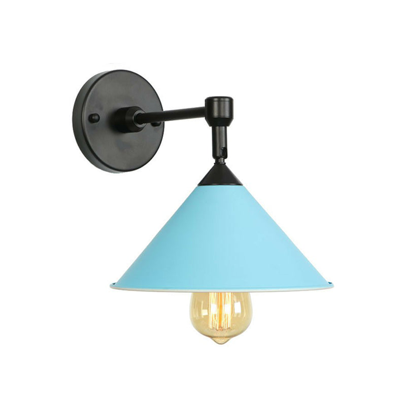 1-Light Wall Lamp Fixture Loft Roll-Trim Cone Iron Wall Mounted Light Fixture in Pink/Grey/Blue Blue Clearhalo 'Art deco wall lights' 'Cast Iron' 'Glass' 'Industrial wall lights' 'Industrial' 'Middle century wall lights' 'Modern' 'Rustic wall lights' 'Tiffany' 'Traditional wall lights' 'Wall Lamps & Sconces' 'Wall Lights' Lighting' 1918135