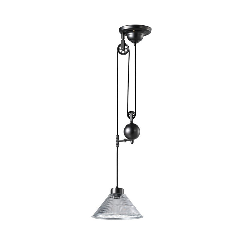 1 Head Ceiling Hang Light Industrial Ribbed Cone Clear Glass Pendant Lamp with Pulley in Black Clearhalo 'Ceiling Lights' 'Glass shade' 'Glass' 'Industrial Pendants' 'Industrial' 'Middle Century Pendants' 'Pendant Lights' 'Pendants' 'Tiffany' Lighting' 1918214