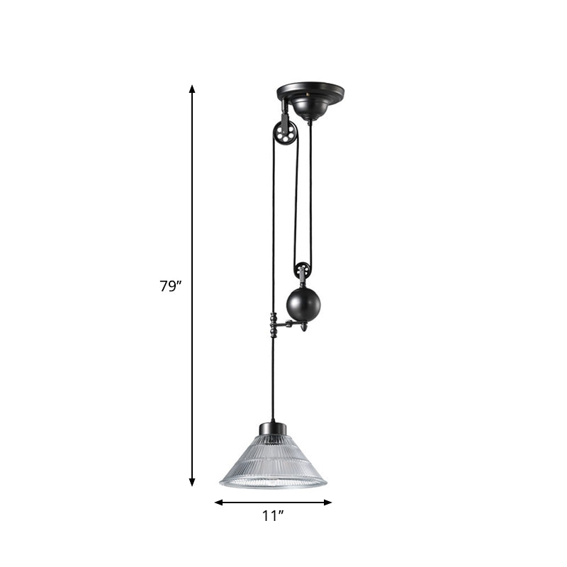 1 Head Ceiling Hang Light Industrial Ribbed Cone Clear Glass Pendant Lamp with Pulley in Black Clearhalo 'Ceiling Lights' 'Glass shade' 'Glass' 'Industrial Pendants' 'Industrial' 'Middle Century Pendants' 'Pendant Lights' 'Pendants' 'Tiffany' Lighting' 1918215