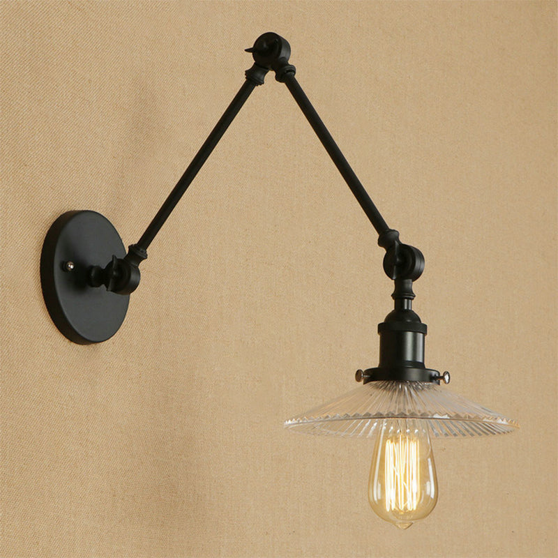 Saucer Shade Studio Task Wall Lamp Loft Style Ribbed Glass 1 Head Black-Brass/Black Swing Arm Wall Mount Light Fixture Black Clearhalo 'Art deco wall lights' 'Cast Iron' 'Glass' 'Industrial wall lights' 'Industrial' 'Middle century wall lights' 'Modern' 'Rustic wall lights' 'Tiffany' 'Traditional wall lights' 'Wall Lamps & Sconces' 'Wall Lights' Lighting' 1918253