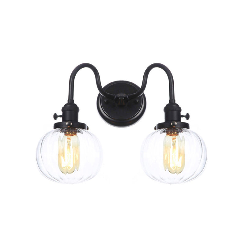 Black Curved/Straight Arm Wall Lighting Farmhouse Iron 2-Head Bathroom Wall Light with Cone/Ball Clear Glass Shade Black D Clearhalo 'Art deco wall lights' 'Cast Iron' 'Glass' 'Industrial wall lights' 'Industrial' 'Middle century wall lights' 'Modern' 'Rustic wall lights' 'Tiffany' 'Traditional wall lights' 'Wall Lamps & Sconces' 'Wall Lights' Lighting' 1918265