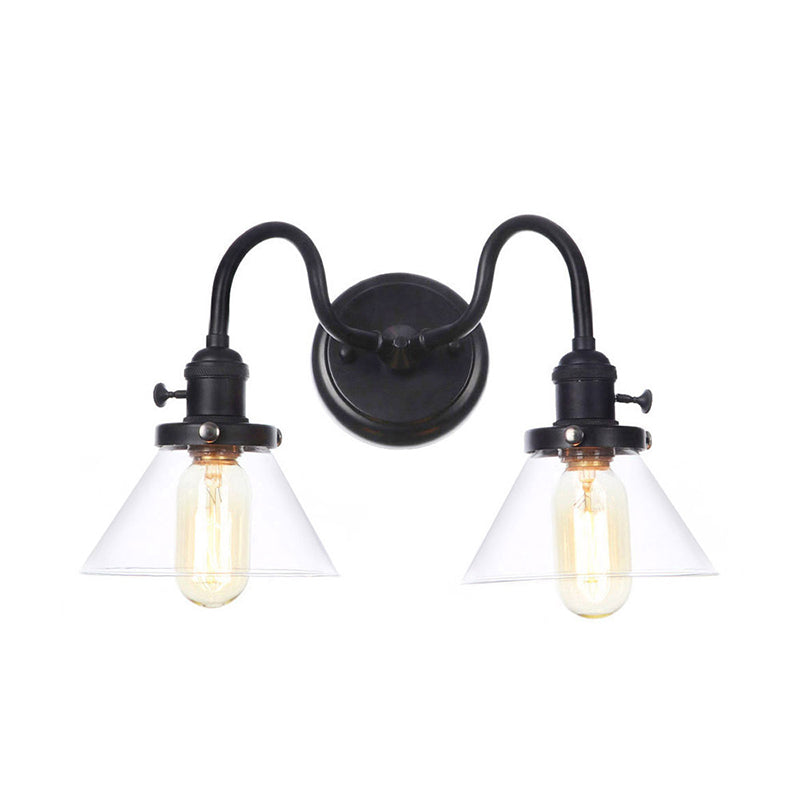 Black Curved/Straight Arm Wall Lighting Farmhouse Iron 2-Head Bathroom Wall Light with Cone/Ball Clear Glass Shade Black B Clearhalo 'Art deco wall lights' 'Cast Iron' 'Glass' 'Industrial wall lights' 'Industrial' 'Middle century wall lights' 'Modern' 'Rustic wall lights' 'Tiffany' 'Traditional wall lights' 'Wall Lamps & Sconces' 'Wall Lights' Lighting' 1918271