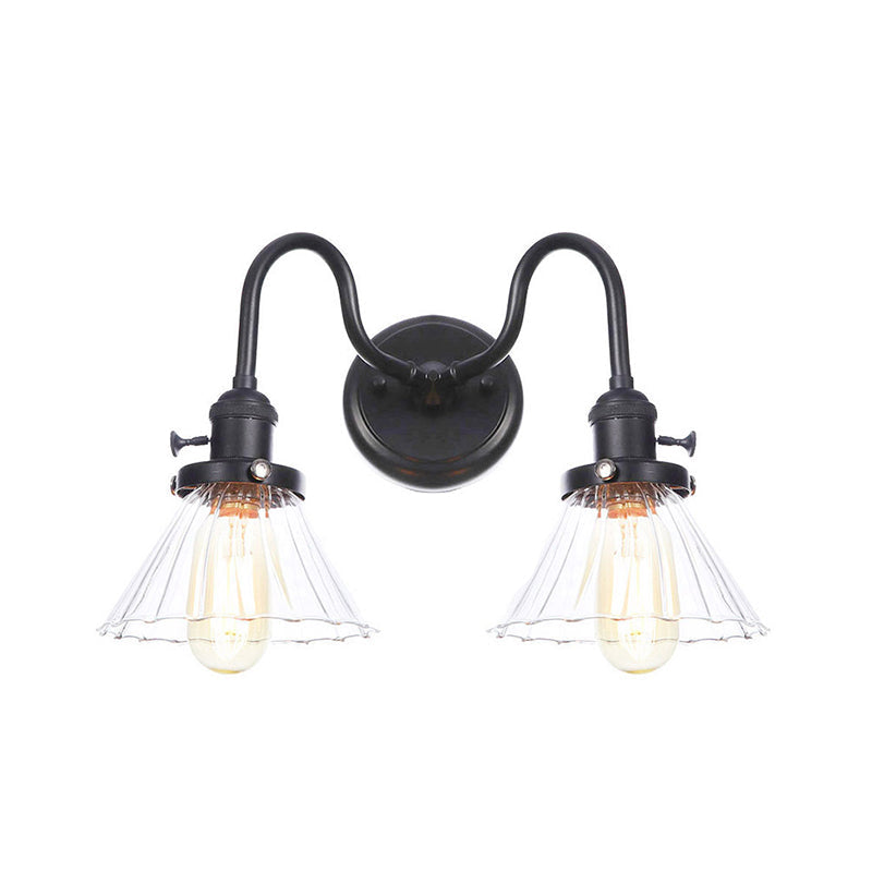 Black Curved/Straight Arm Wall Lighting Farmhouse Iron 2-Head Bathroom Wall Light with Cone/Ball Clear Glass Shade Black A Clearhalo 'Art deco wall lights' 'Cast Iron' 'Glass' 'Industrial wall lights' 'Industrial' 'Middle century wall lights' 'Modern' 'Rustic wall lights' 'Tiffany' 'Traditional wall lights' 'Wall Lamps & Sconces' 'Wall Lights' Lighting' 1918273