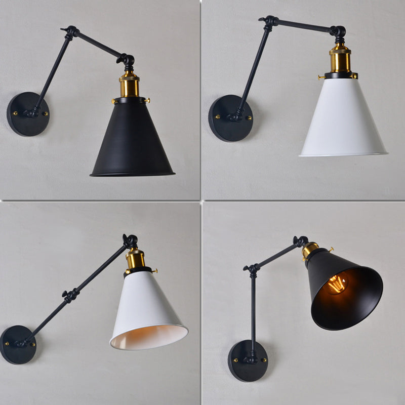 Trumpet Shade Dorm Room Task Wall Lamp Rustic Metal 1-Bulb Black Swing Arm Wall Mounted Reading Light Clearhalo 'Art deco wall lights' 'Cast Iron' 'Glass' 'Industrial wall lights' 'Industrial' 'Middle century wall lights' 'Modern' 'Rustic wall lights' 'Tiffany' 'Traditional wall lights' 'Wall Lamps & Sconces' 'Wall Lights' Lighting' 1918513