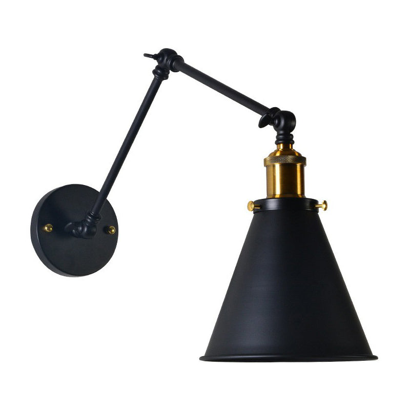 Trumpet Shade Dorm Room Task Wall Lamp Rustic Metal 1-Bulb Black Swing Arm Wall Mounted Reading Light Black Clearhalo 'Art deco wall lights' 'Cast Iron' 'Glass' 'Industrial wall lights' 'Industrial' 'Middle century wall lights' 'Modern' 'Rustic wall lights' 'Tiffany' 'Traditional wall lights' 'Wall Lamps & Sconces' 'Wall Lights' Lighting' 1918514