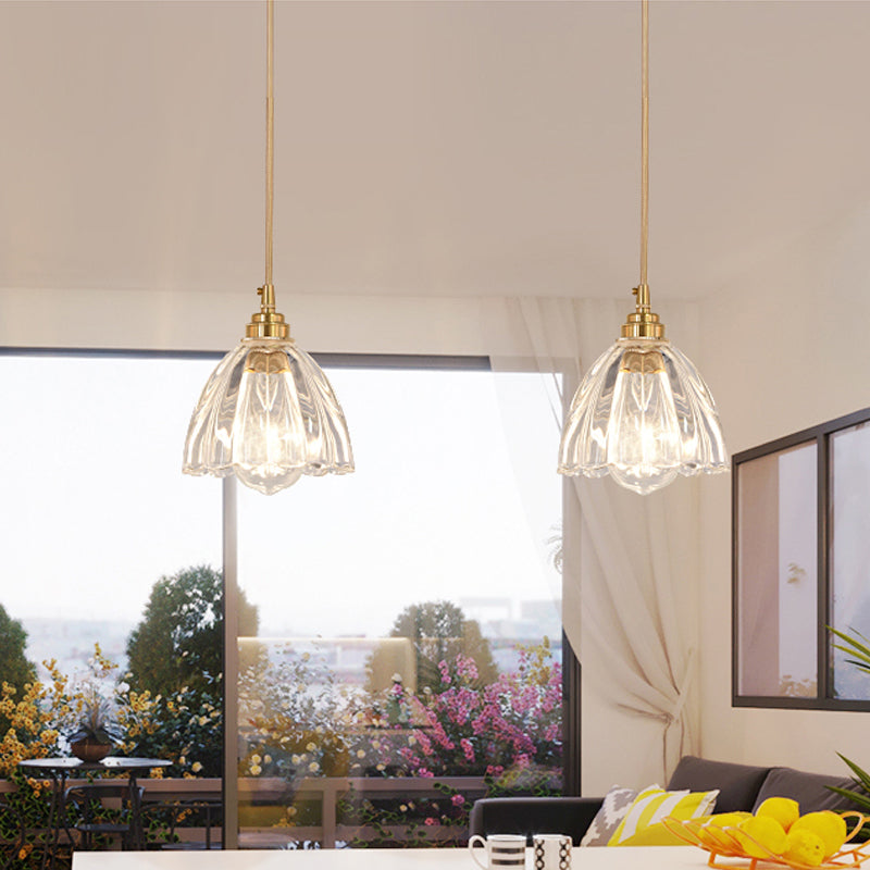 Flower Bud Shade Kitchen Bar Hanging Light Rural Clear Ridged Glass 1 Head Brass Suspension Pendant Clear Clearhalo 'Ceiling Lights' 'Glass shade' 'Glass' 'Industrial Pendants' 'Industrial' 'Middle Century Pendants' 'Pendant Lights' 'Pendants' 'Tiffany' Lighting' 1918517