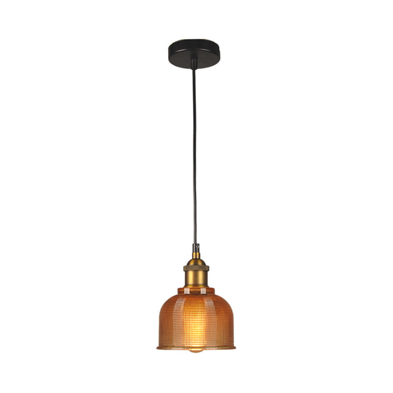 Retro Style Carillon Pendant Light 1-Light Red/Orange/Blue Gridded Glass Suspension Lighting for Dining Room Orange Clearhalo 'Ceiling Lights' 'Glass shade' 'Glass' 'Industrial Pendants' 'Industrial' 'Middle Century Pendants' 'Pendant Lights' 'Pendants' 'Tiffany' Lighting' 1918530