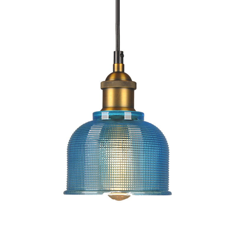 Retro Style Carillon Pendant Light 1-Light Red/Orange/Blue Gridded Glass Suspension Lighting for Dining Room Blue Clearhalo 'Ceiling Lights' 'Glass shade' 'Glass' 'Industrial Pendants' 'Industrial' 'Middle Century Pendants' 'Pendant Lights' 'Pendants' 'Tiffany' Lighting' 1918531