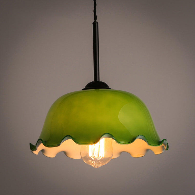 Single Green/White Glass Pendant Lighting Rustic Black Lettuce-Trim Bowl Living Room Ceiling Hang Lamp Green Clearhalo 'Ceiling Lights' 'Glass shade' 'Glass' 'Industrial Pendants' 'Industrial' 'Middle Century Pendants' 'Pendant Lights' 'Pendants' 'Tiffany' Lighting' 1918544