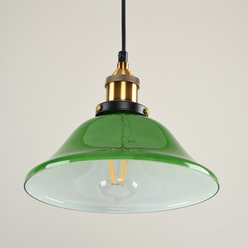 1-Light Carillon Suspension Pendant Vintage Brass Green Glass Hanging Light Fixture for Guest Room, 8