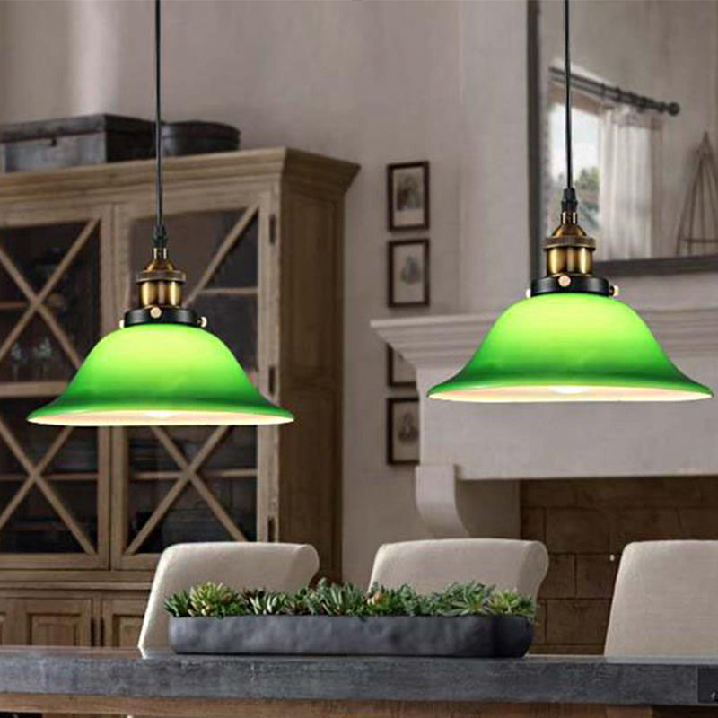 1-Light Carillon Suspension Pendant Vintage Brass Green Glass Hanging Light Fixture for Guest Room, 8