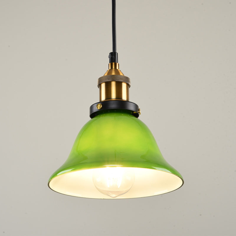 1-Light Carillon Suspension Pendant Vintage Brass Green Glass Hanging Light Fixture for Guest Room, 8