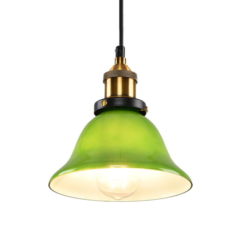 1-Light Carillon Suspension Pendant Vintage Brass Green Glass Hanging Light Fixture for Guest Room, 8