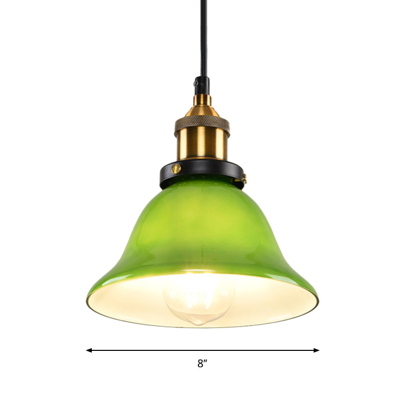 1-Light Carillon Suspension Pendant Vintage Brass Green Glass Hanging Light Fixture for Guest Room, 8