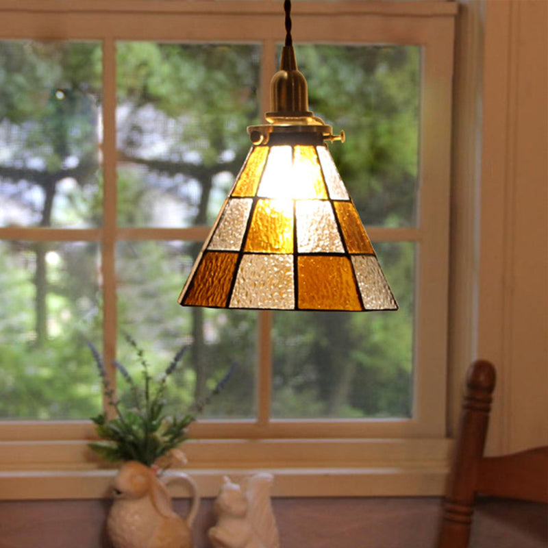 Coastal Checkered Cone-Shaped Pendant Lamp 1 Head Clear and Brown Mosaic Glass Hanging Ceiling Light in Brass Clearhalo 'Ceiling Lights' 'Glass shade' 'Glass' 'Industrial Pendants' 'Industrial' 'Middle Century Pendants' 'Pendant Lights' 'Pendants' 'Tiffany' Lighting' 1918595