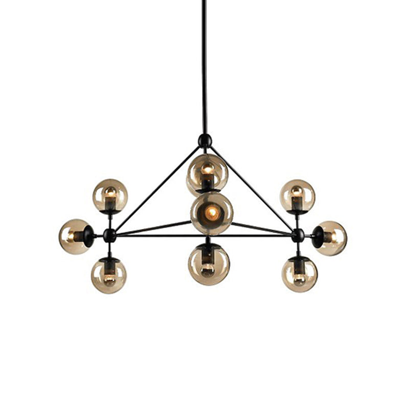 Black Pyramid Frame Chandelier Loft Style Metal 10/15-Light Living Room Pendant Light with Ball Tan Glass Shade 10 Black Clearhalo 'Cast Iron' 'Ceiling Lights' 'Chandeliers' 'Industrial Chandeliers' 'Industrial' 'Metal' 'Middle Century Chandeliers' 'Rustic Chandeliers' 'Tiffany' Lighting' 1918722