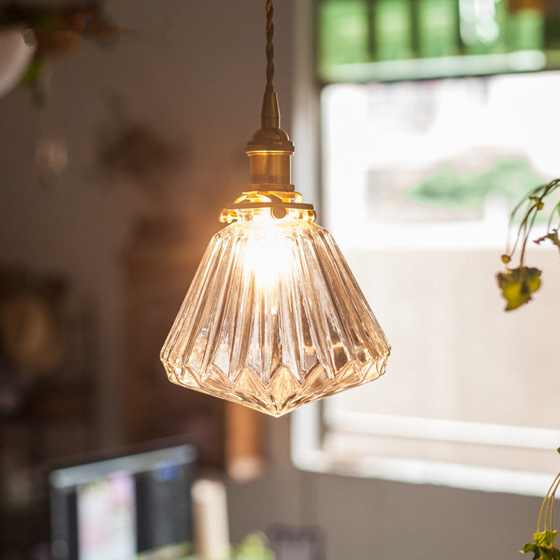 1-Light Ridged Cone Drop Pendant Rustic Brass Brown/Clear Glass Ceiling Hang Lamp with Pointed Bottom Clear Clearhalo 'Ceiling Lights' 'Glass shade' 'Glass' 'Industrial Pendants' 'Industrial' 'Middle Century Pendants' 'Pendant Lights' 'Pendants' 'Tiffany' Lighting' 1918728