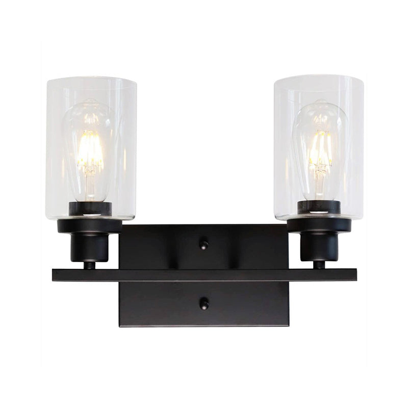 2/3 Bulbs Cylinder Wall Mount Light Industrial Black/Brass/Nickel Clear Glass Wall Lamp Fixture for Bathroom 2.0 Black Clearhalo 'Art deco wall lights' 'Cast Iron' 'Glass' 'Industrial wall lights' 'Industrial' 'Middle century wall lights' 'Modern' 'Rustic wall lights' 'Tiffany' 'Traditional wall lights' 'Wall Lamps & Sconces' 'Wall Lights' Lighting' 1918788