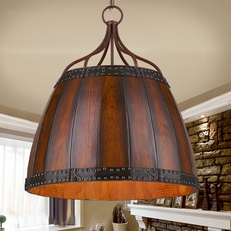 Brown Wine Drum Pendant Light Fixture Rustic Wood 4 Bulbs Living Room Chandelier Lamp Clearhalo 'Ceiling Lights' 'Chandeliers' Lighting' options 1918846