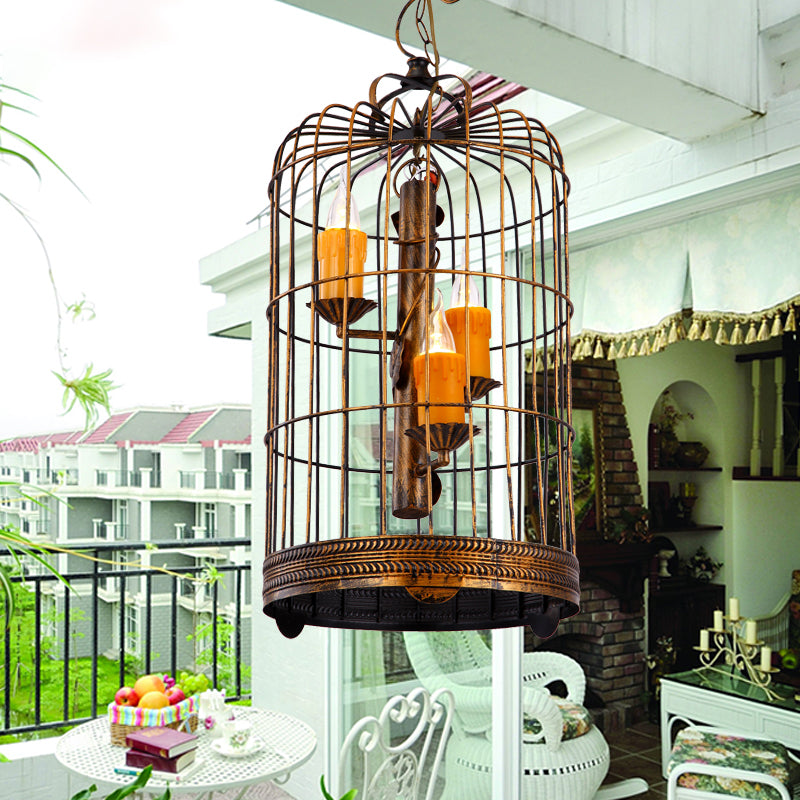 Resin Amber Drop Pendant Candle 3 Bulbs Countryside Chandelier Lamp with Antique Brass Long Bird Cage Clearhalo 'Ceiling Lights' 'Chandeliers' Lighting' options 1918864