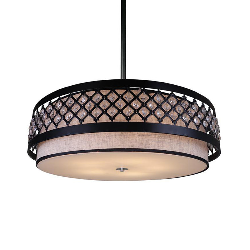 Hand Sewn Fabric Drum Pendant Farmhouse 5-Light Bedroom Chandelier Lighting with Crystal Detailing Cage Guard, Black Clearhalo 'Ceiling Lights' 'Chandeliers' Lighting' options 1918872