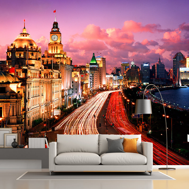 Urban Night City View Mural Bright Stain Resistant Wall Covering for Living Room Clearhalo 'Wall Decor' 'Wall Mural' 1920508