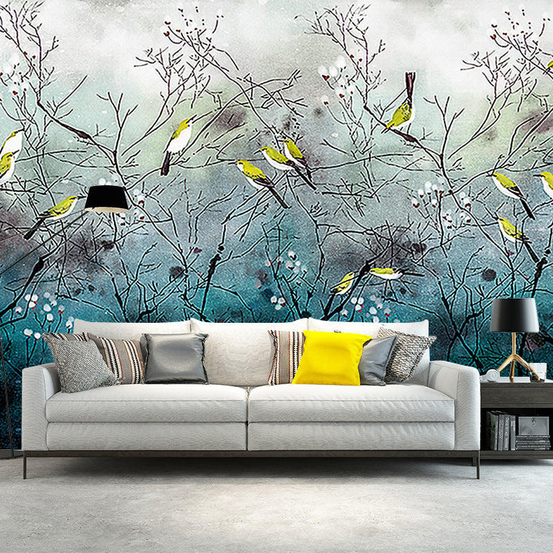 Illustration Bird on Branches Mural Large Wall Decor for Living Room, Made to Measure Black-Blue Clearhalo 'Wall Decor' 'Wall Mural' 1920550