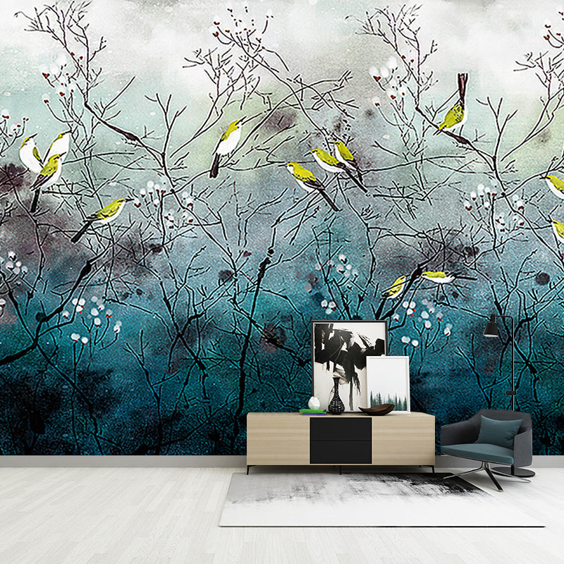 Illustration Bird on Branches Mural Large Wall Decor for Living Room, Made to Measure Clearhalo 'Wall Decor' 'Wall Mural' 1920551