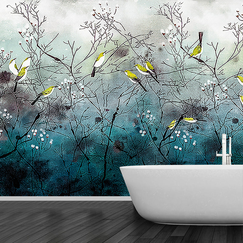 Illustration Bird on Branches Mural Large Wall Decor for Living Room, Made to Measure Clearhalo 'Wall Decor' 'Wall Mural' 1920552