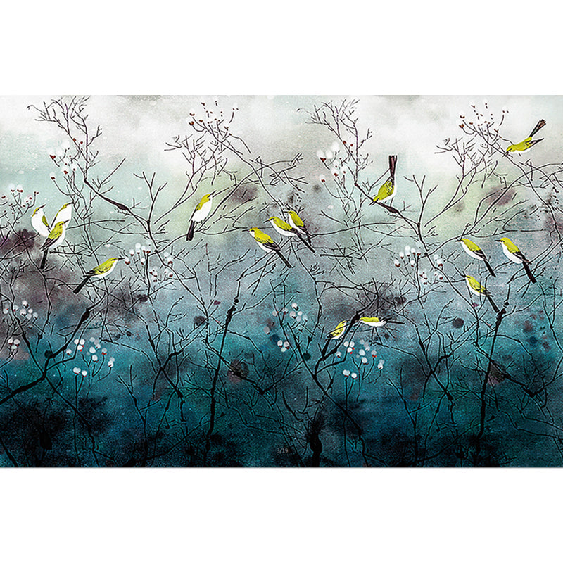 Illustration Bird on Branches Mural Large Wall Decor for Living Room, Made to Measure Clearhalo 'Wall Decor' 'Wall Mural' 1920553