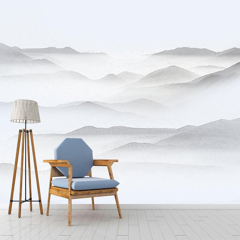 Grey Mountains Wall Mural Moisture Resistant Chinoiserie Living Room Wall Covering Grey Clearhalo 'Wall Decor' 'Wall Mural' 1920575