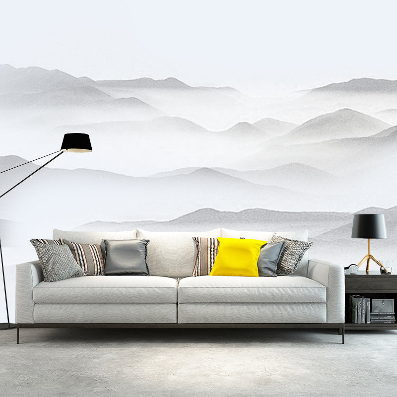 Grey Mountains Wall Mural Moisture Resistant Chinoiserie Living Room Wall Covering Clearhalo 'Wall Decor' 'Wall Mural' 1920576