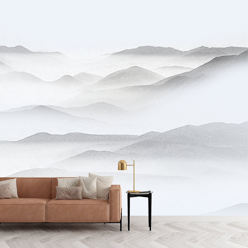 Grey Mountains Wall Mural Moisture Resistant Chinoiserie Living Room Wall Covering Clearhalo 'Wall Decor' 'Wall Mural' 1920577