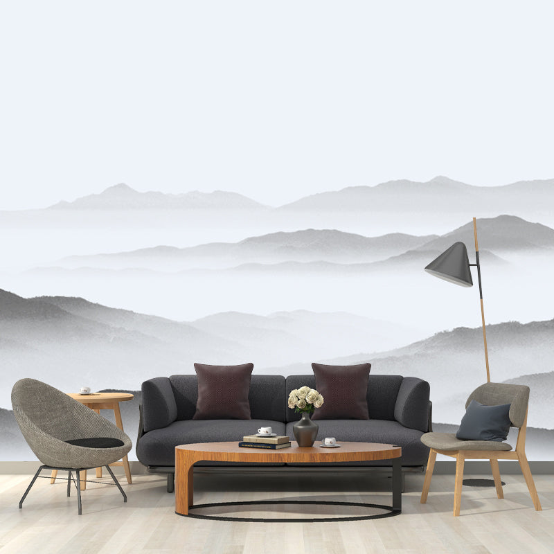 Asian Misty Mountain Mural Decal Soft Grey Living Room Wall Covering, Custom Size Available Grey Clearhalo 'Wall Decor' 'Wall Mural' 1920580