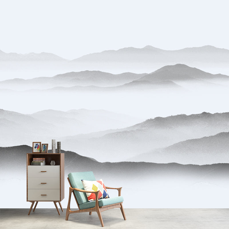 Asian Misty Mountain Mural Decal Soft Grey Living Room Wall Covering, Custom Size Available Clearhalo 'Wall Decor' 'Wall Mural' 1920582